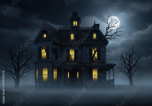 Eerie mansion under full moon foggy night spooky atmosphere haunted house silhouette