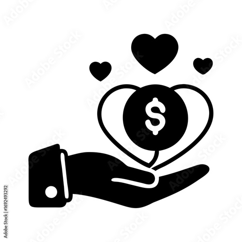 Vector art of hand holding money with hearts, a symbol of financial support, love, and generosity, representing giving