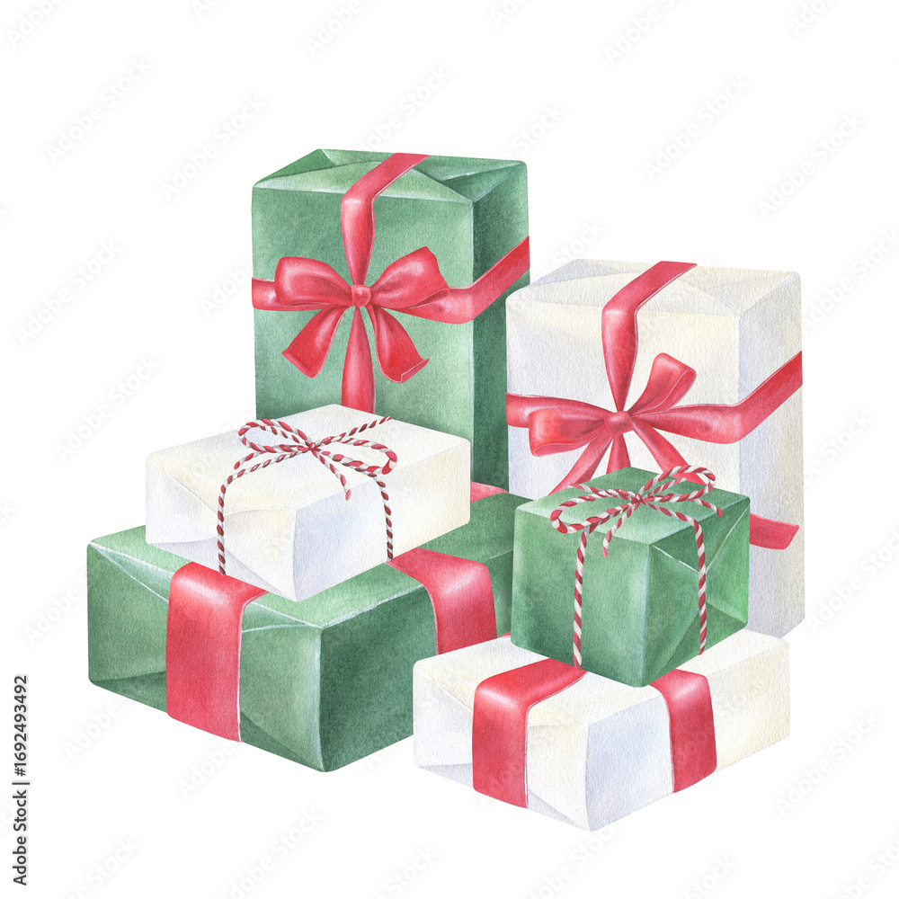 Obraz premium A Stack of Christmas Gift boxes in white, red and green colors with bows and ribbons. Watercolor illustration of a presents. Hand drawn sketch on white isolated background. Water color painting art
