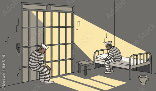 “A realistic jail cell interior with iron bars, a single metal bed with a thin mattress, a small table, and a toilet corner. Dim yellow lighting casts dramatic shadows on cracked concrete walls. A met