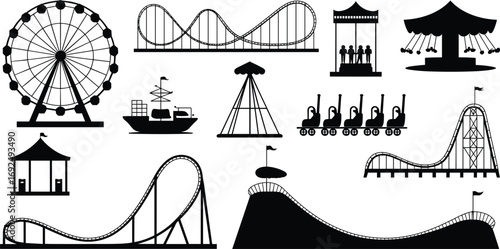 Amusement park rides icons collection, roller coaster, ferris wheel, carousel, swing ride, pirate ship, fun fair, carnival vector