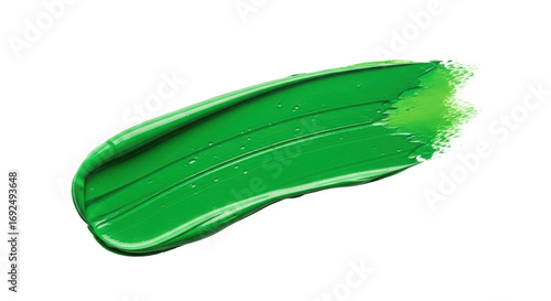 A thick, viscous, diagonal smear of vibrant neon green industrial paint with impasto texture, faint smudges, isolated on transparent background with copy space, studio shot. Abstract creativity