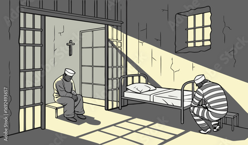 “A realistic jail cell interior with iron bars, a single metal bed with a thin mattress, a small table, and a toilet corner. Dim yellow lighting casts dramatic shadows on cracked concrete walls. A met