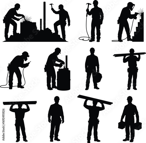 Construction workers silhouettes, manual labor, safety helmets, welding and hammering, carrying materials, industrial site, skilled workers, building project, teamwork, occupational safety.Constructio