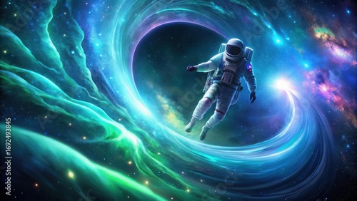 Fototapeta Naklejka Na Ścianę i Meble -  A lone astronaut drifts through a cosmic swirl, a vibrant nebula painting the backdrop of their interstellar journey