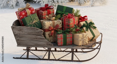 Sleigh full of christmas presents isolated on white background in snow