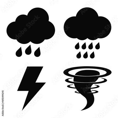 Collection of weather icons rain clouds lightning and tornado symbol graphics silhouette vector illustration white background