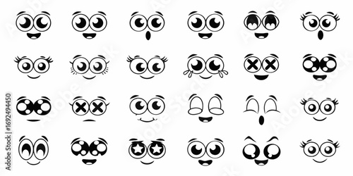 Collection of diverse cartoon eyes and mouths expressing various emotions and expressions in black and white