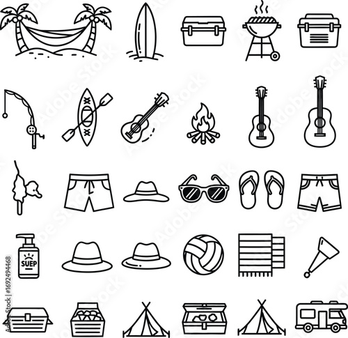 Summer vacation icons Surfboard, hammock, beach, camping, travel, and outdoor activities
