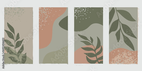 Set of four abstract minimalist vertical banners with organic shapes and botanical leaf illustrations in muted earthy tones