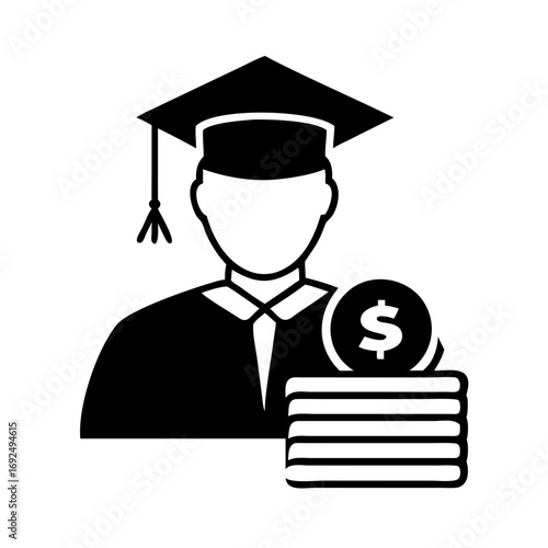 Illustration of a graduate with money, representing the cost and investment in higher education