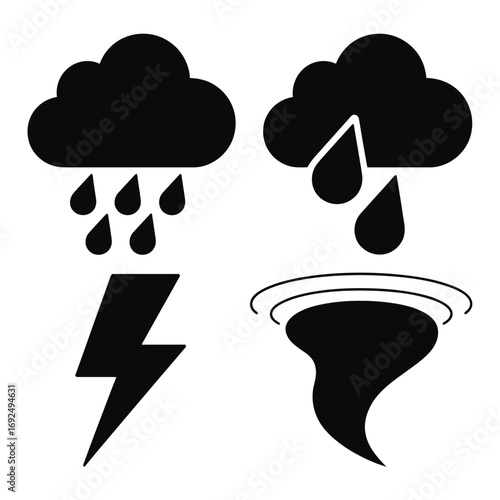 Set of weather icons representing rain storm lightning and tornado symbols silhouette vector illustration white background
