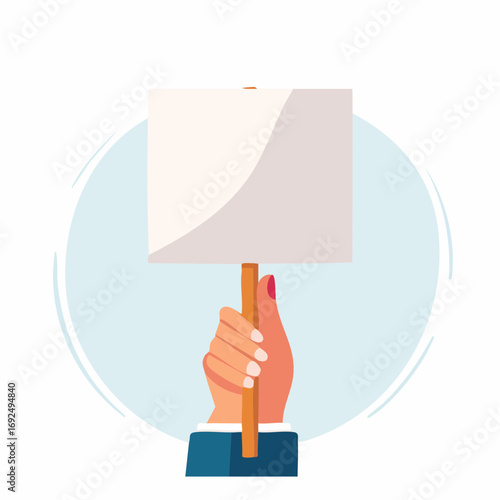 Hand Holding Blank Sign On Light Blue Background