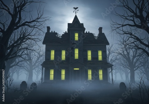 Spooky haunted mansion emerges from eerie fog amidst bare trees and graves