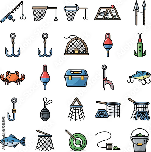 A vibrant collection of essential fishing gear and angling accessories, perfect for illustrating various outdoor recreational activities and the pursuit of aquatic life