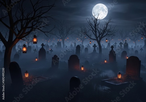 Spooky halloween cemetery scene with full moon and lanterns creates an eerie atmosphere