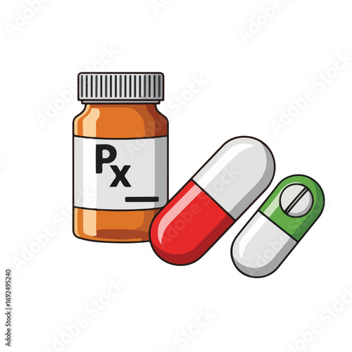 Prescription medication bottle and capsules; red, green, and white pills.
