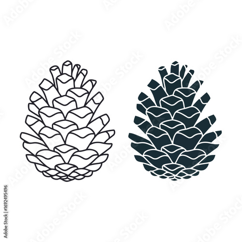 Two stylized pine cones, one as an outline and one solid, representing natural forest elements.