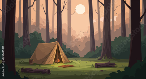 Campsite tent, fire, mat, trees, logs, greenery, sun