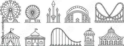 Amusement park vector set, ferris wheel, circus tents, roller coaster, fairground rides, outline icons, carnival booth, fun festival design