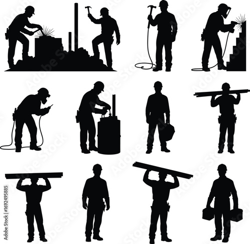 Construction workers silhouettes, welding and hammering, carrying materials, safety helmets, manual labor, industrial site, building project, teamwork, skilled workers, occupational safety