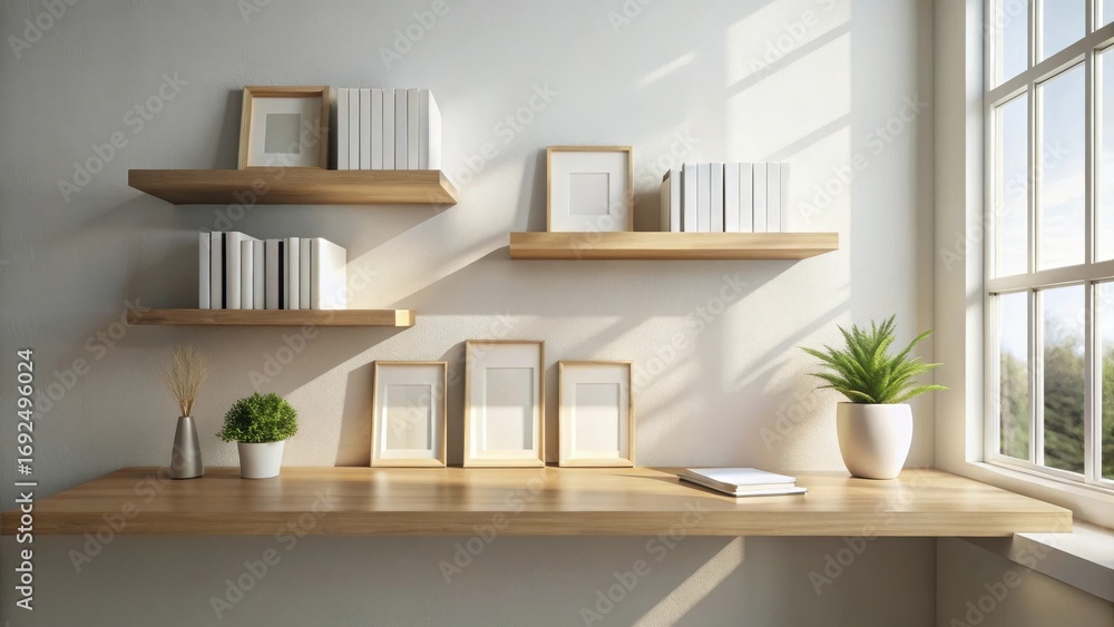 Fototapeta premium Sunlit Workspace Featuring Minimalist Wooden Shelving and Desk with Decorative Plants and Blank Frames