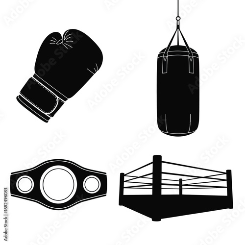 Boxing icons set includes glove punching bag championship belt and boxing ring silhouette vector illustration white background