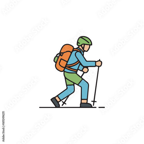 Outlined illustration of a hiker with backpack and trekking poles.