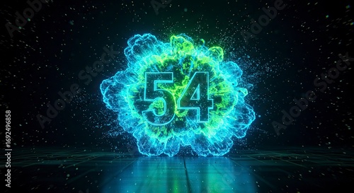 Energetic Number 54: Glowing Digits Bursting with Electric Blue and Green Aura