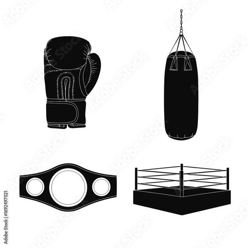 Boxing equipment silhouettes boxing glove punching bag championship belt and ring icons minimalist design silhouette vector illustration white background