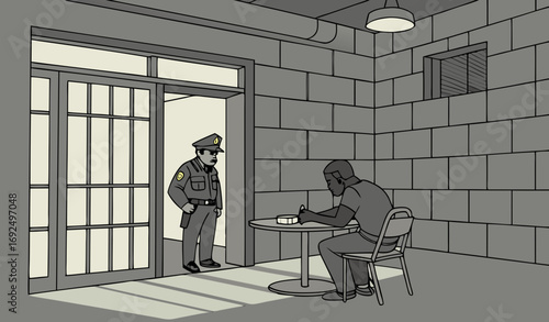 A small, dimly lit interrogation room with a metal table, two chairs, and a flickering tube light, a uniformed officer questioning a prisoner. The walls are grey concrete with a one-way glass window, 