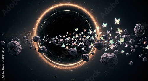 Ethereal Butterflies and Asteroids Swirling Around a Glowing Black Hole in Deep Space