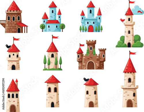 Medieval Castles and Towers Vector Set, Fairytale Fortress Buildings Illustration, Fantasy Architecture Elements Isolated on White Background for Storybook and Game Design