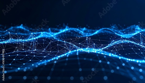 A mesmerizing abstract digital rendering with interconnected glowing blue nodes and lines, forming undulating waves across a dark background. 