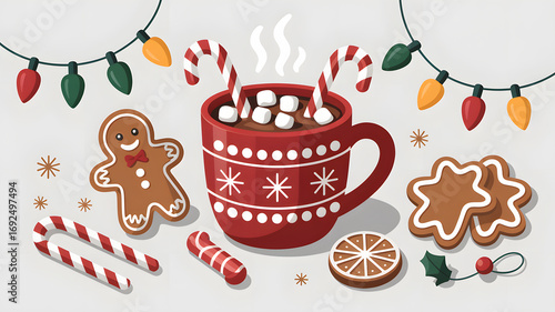 A festive Christmas illustration of hot chocolate with marshmallows, gingerbread cookies, candy canes, and holiday lights.