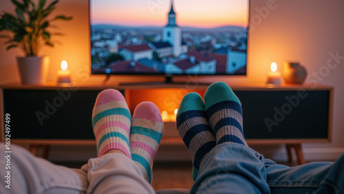 Cozy evening with colorful socks, watching cityscape on TV, warm ambiance with candles. Perfect for relaxation and comfort