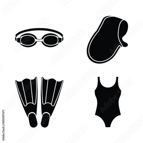 Minimalist black silhouettes of swimming gear including goggles swim cap flippers and swimsuit silhouette vector illustration white background