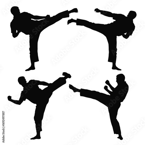Dynamic silhouette of four martial artists performing powerful kicks in action poses silhouette vector illustration white background