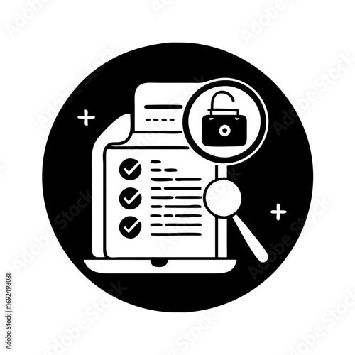 Vector art of a document with checkmarks and a magnifying glass over an unlocked padlock, representing data security