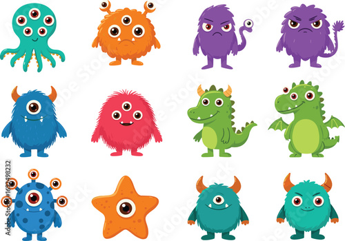 Colorful cartoon monster characters set, cute fantasy creatures with one or many eyes, horns, wings, fur, perfect for kids illustrations