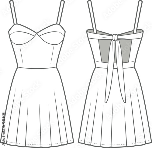 Fashion technical sketch of women’s bustier mini dress with spaghetti straps, back tie detail, pleated skirt, front and back vector views