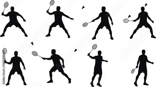 Vector illustration of male badminton players in various action poses with rackets and shuttlecocks, showcasing sport, fitness, and competition.