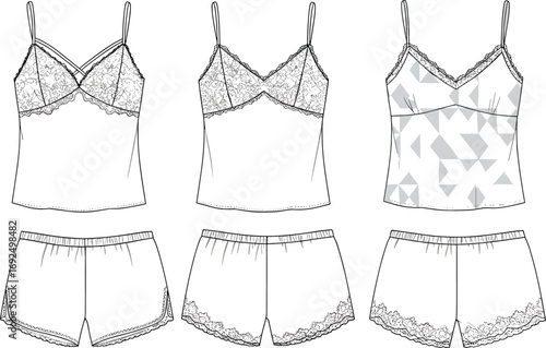 Fashion flat sketch of women’s lace camisole and shorts sleepwear set, featuring different lace patterns, front and back vector views
