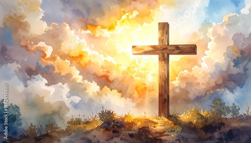 Fototapeta Naklejka Na Ścianę i Meble -  A wooden cross stands on a hilltop, bathed in golden sunlight piercing a vibrant sky