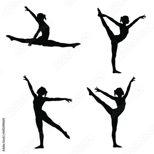 Elegant gymnastics silhouettes four poses balance beam athletic performance dynamic movement silhouette vector illustration white background