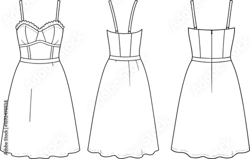 Women’s sleeveless flared dress technical fashion flat sketch, front and back views with bustier style bodice, straps, waistband, and hem detailing