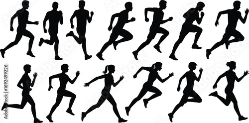 Running silhouettes collection of men and women joggers, fitness athletes sprinting, workout exercise, marathon training, health lifestyle illustration design