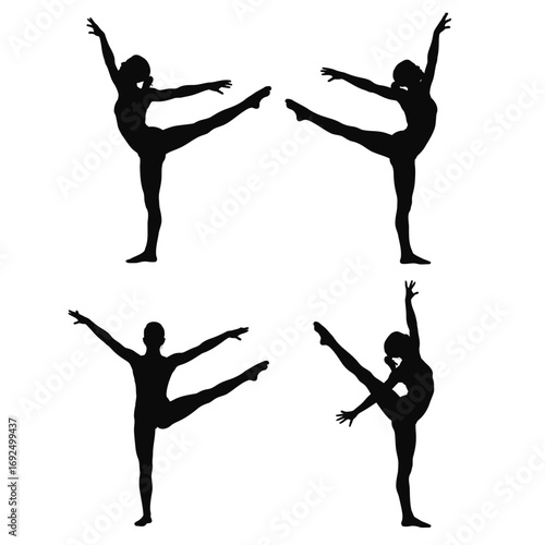 Dynamic gymnast silhouettes four poses balance beam elegance graceful athletic performance artistry silhouette vector illustration white background