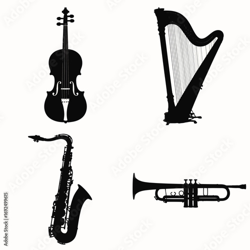 Classic musical instrument silhouettes violin harp saxophone trumpet for elegant designs silhouette vector illustration white background