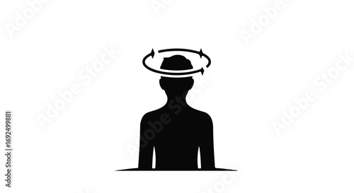 Silhouette of a person with a swirling arrow symbol above their head, representing confusion or dizziness.